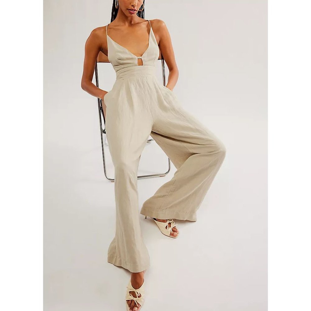 Free People Emma Linen Jumpsuit Alfalfa Size Large - Picture 2 of 16
